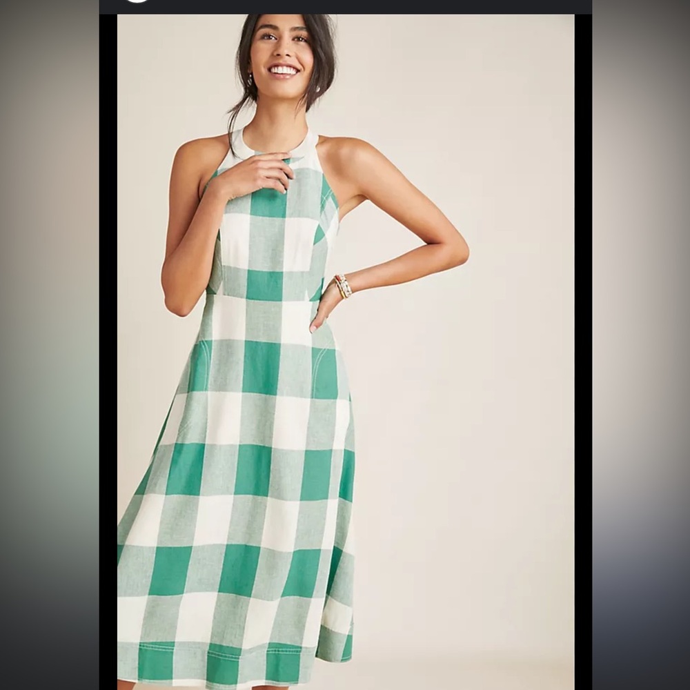 Maeve Greta Gingham Dress in green and ivory, made of a linen and rayon blend 0